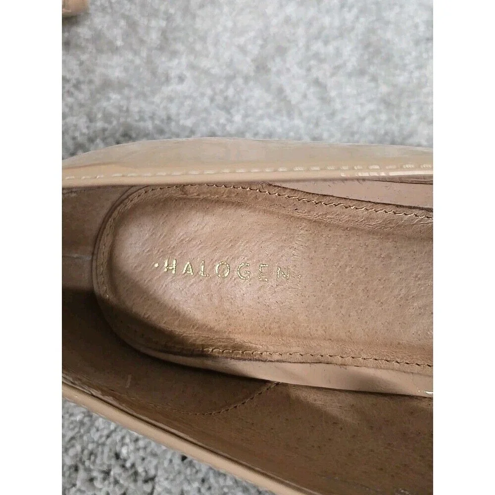 Halogen Loafers Heels Pointed Toe Slip On shoes Shiny Leather Beige Women's‎ 7.5